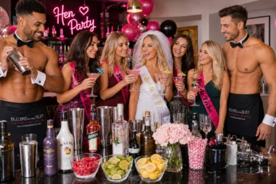 Two Buff Butlers lead a cocktail-making activity for hen party guests gathered around a bar-style setup.